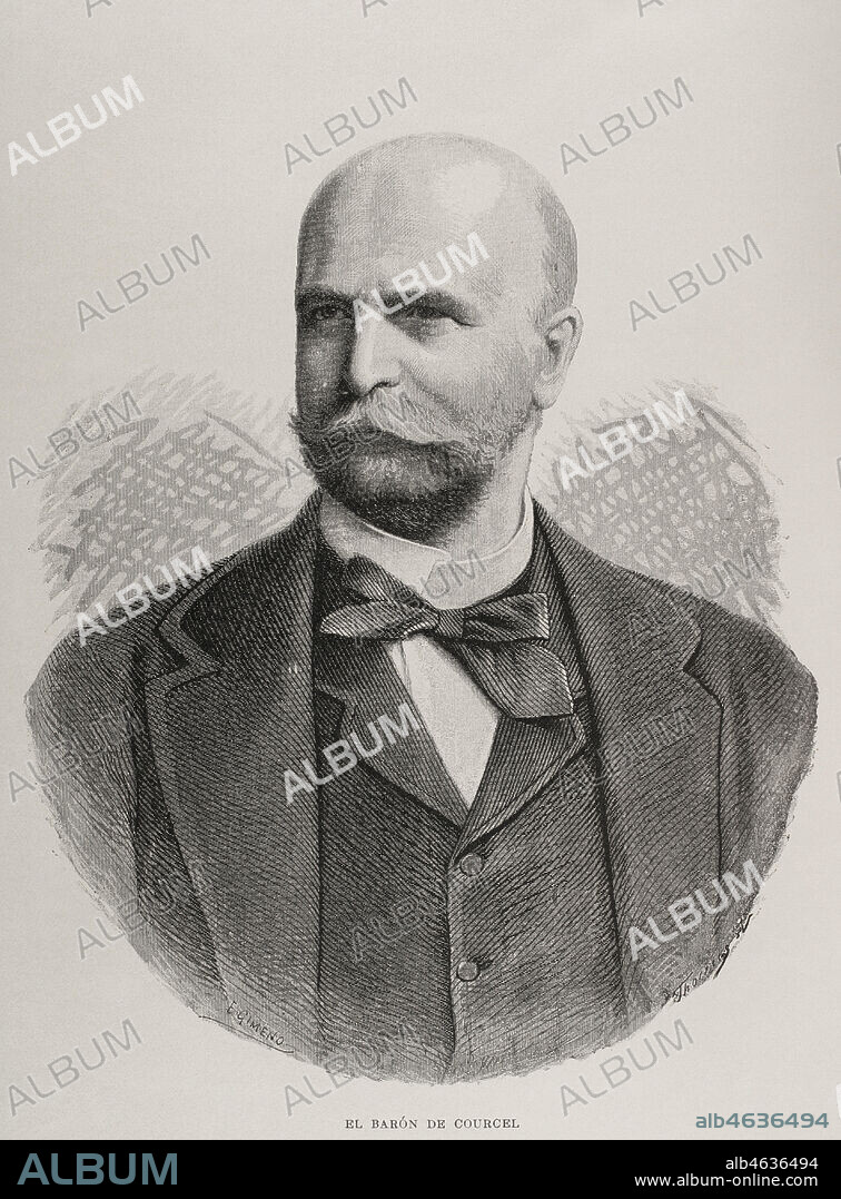 Alphonse Chodron de Courcel (1835-1919). Diplomático y político francés. Representante de la República francesa en la Conferencia de Berlín. Grabado por E. Gimeno. El Congo y la Creación del Estado Independiente de este nombre. Historia de los Trabajos y Exploraciones Verificados, por Enrique M. Stanley. Editada en Barcelona, hacia 1890. España.