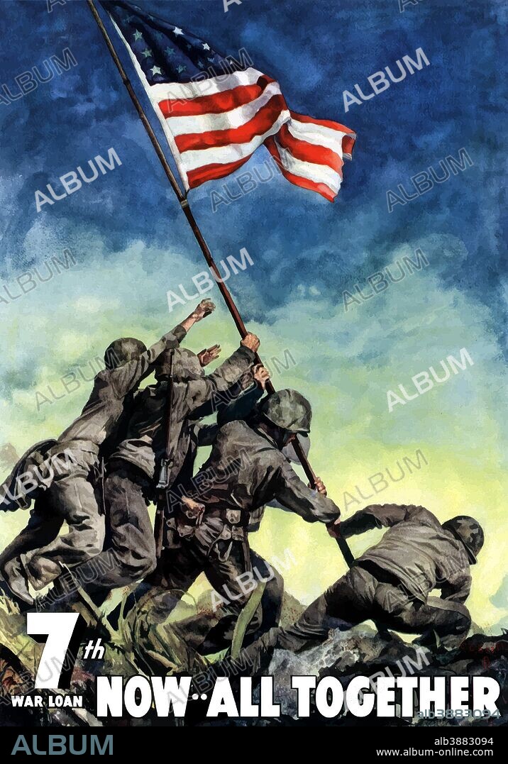 Digitally restored war propaganda poster. This vintage World War Two poster features a painting of the famous Flag Raising Of Iwo Jima. It declares - 7th War Loan, Now All Together.