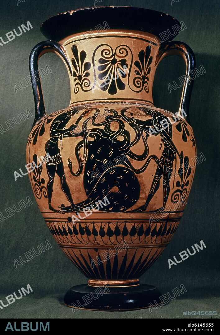 HERACLES Y LA HIDRA DE LERNA EN UNA ANFORA ATICA SIGLO VI AC.