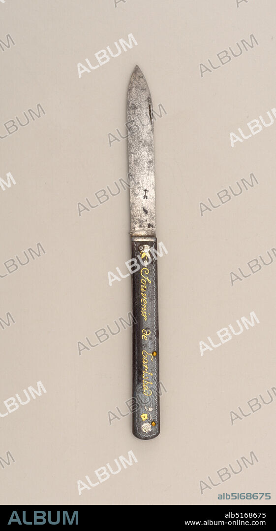 Folding knife, steel, silver, gold, Leaf-shaped blade, handle straight-sided with engraved floral decoration with gold inlaid leaves and gold inlay inscription 'Souvenir de Carlsbad' on the front side. Blade folds into handle., possibly Germany, ca. 17901800, cutlery, Decorative Arts, Folding knife.
