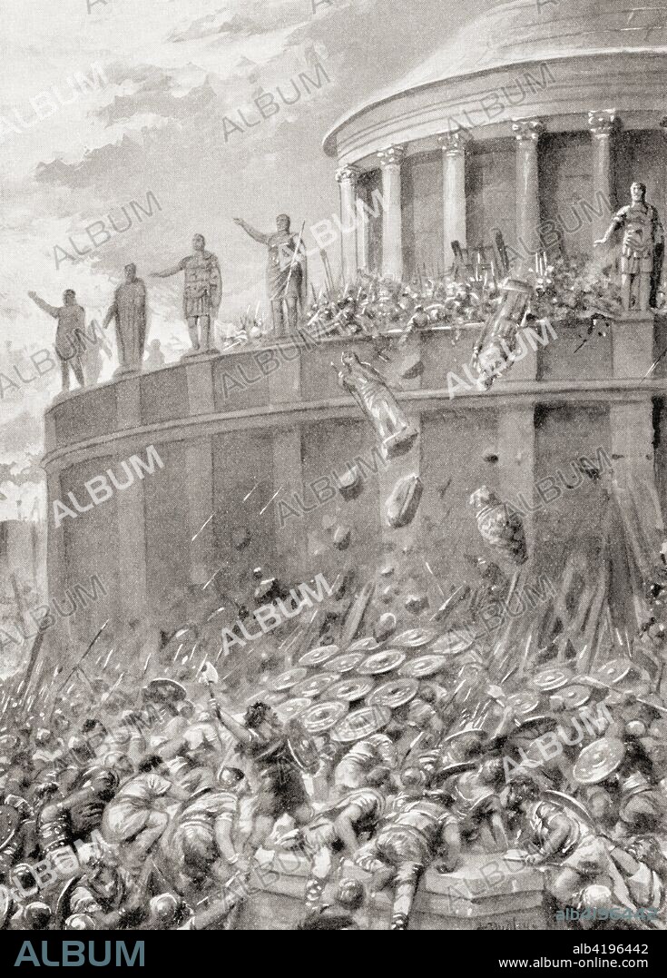 The First Siege of Rome during the Gothic War, 537-538 AD.  Seen here Belisarius using the statues from Hadrian's Tomb - now the Castle of St. Angelo -  as missiles against the Ostrogoths.  After the painting by Ambrose Dudley, (1867-1951).  From Hutchinson's History of the Nations, published 1915.