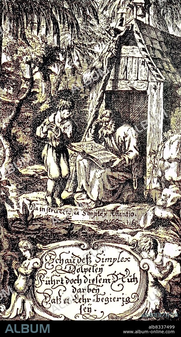 teaching of the Simplicius Simplicissimus / Der abenteuerliche Simplicissimus Teutsch, a picaresque novel of the lower Baroque style, written in 1668 by Hans Jakob Christoffel von Grimmelshausen, Unterricht des Simplicissimus, Grimmelshausen, 1684, historisch, C:CC5historical, digital improved reproduction of an original from the 19th century / digitale Reproduktion einer Originalvorlage aus dem 19. Jahrhundert, Originaldatum nicht bekannt.