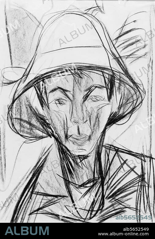 ERNST LUDWIG KIRCHNER. Kirchner, Ernst Ludwig Maler, Graphiker und Bildhauer Aschaffenburg 6.5.1880 - (Selbstmord). Frauenkirch bei Davos 15.6.1938. "Selbstbildnis mit Hirtenhut", 1919/20. Kohle auf Papier, 49 × 32,5 cm. Inv. KK 1967/18. Wuppertal, Von der Heydt-Museum.