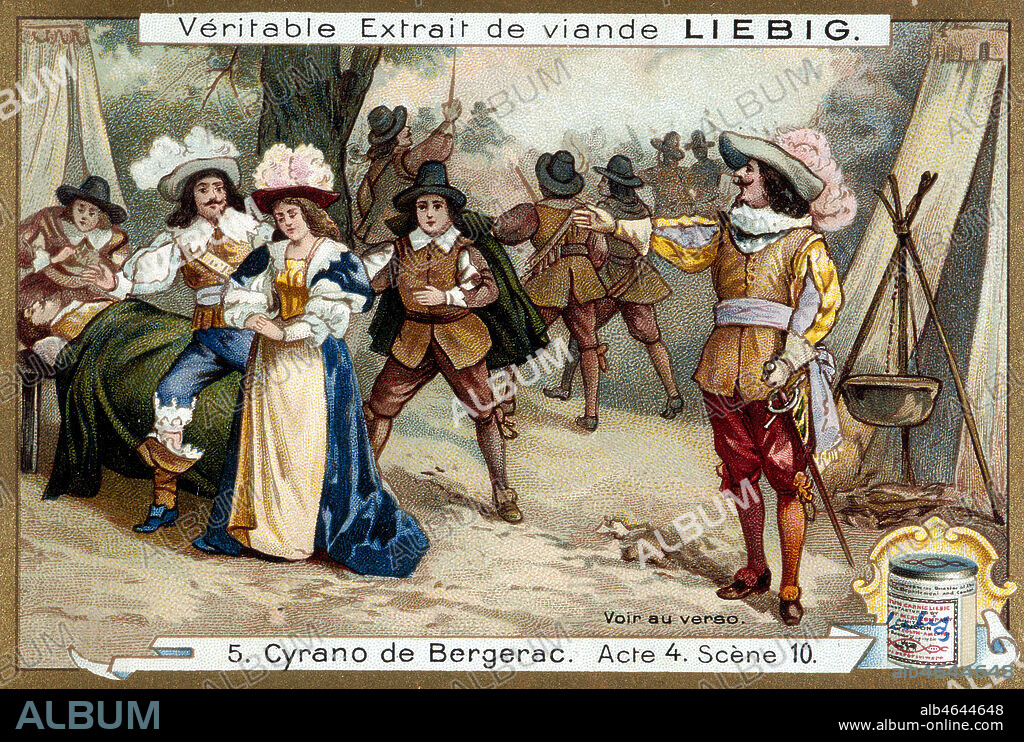 Cyrano de Bergerac, Acte IV Scene 10. Chromo publicitaire Liebig de 1927 d'apres Edmond ROSTAND (1868-1918). Credit : Collection KHARBINE-TAPABOR.