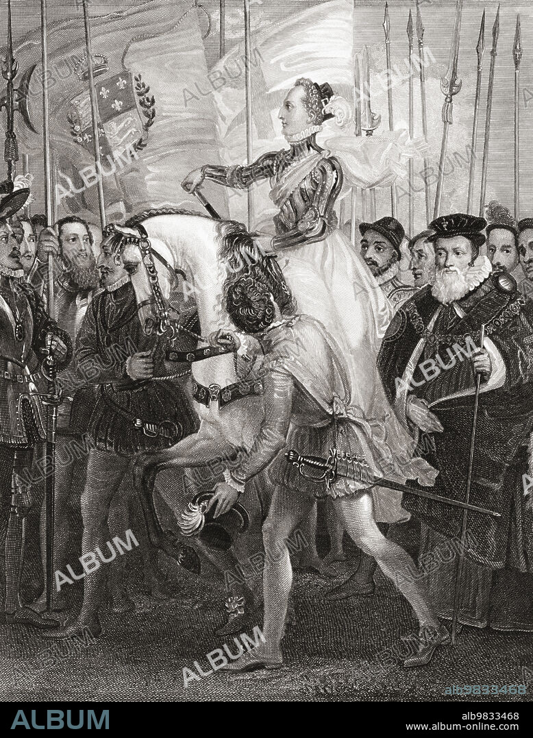 Catherine of Aragon pleading her own case before King Henry VIII. After an 18th century print by William Ward after the painting by Richard Westall.