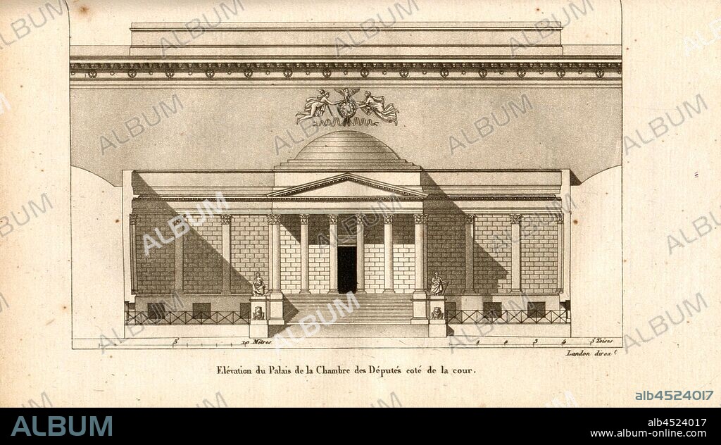 Elevation of the Palace of the Chamber of Deputies side of the courtyard, Facade of the Palais Bourbon in Paris, 43, after p. 320, p. 412, Landon (direxit), J. G. Legrand; C. P. Landon: Description de Paris et de ses édifices: avec un précis historique et des observations sur le caractère de leur architecture, et sur les principaux objets d'art et de curiosité qu'ils renferment. Seconde édition, corrigée avec soin dans toutes ses Parties, et considérablement augmentée. Bd. 1. Paris. Strasbourg. Treuttel et Würtz, 1818.
