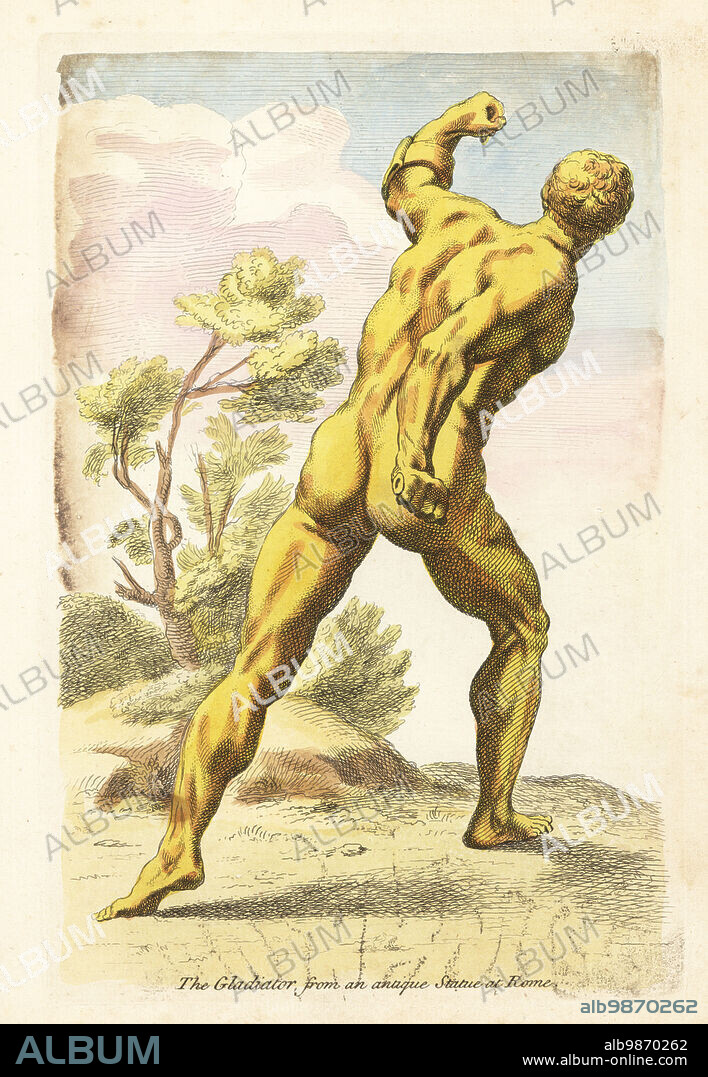 Rear view of the Borghese Gladiator statue in a fighting pose. The Gladiator, from an antique statue at Rome. Handcoloured copperplate engraving after Francois Perrier from Robert Sayers The Artists Vade Mecum, Being the Whole Art of Drawing, London, 1766.