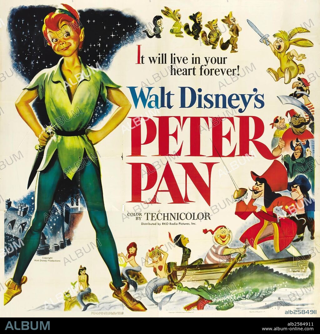 Poster of PETER PAN, 1953, directed by HAMILTON LUKE and WILFRED JACKSON. Copyright WALT DISNEY PRODUCTIONS.