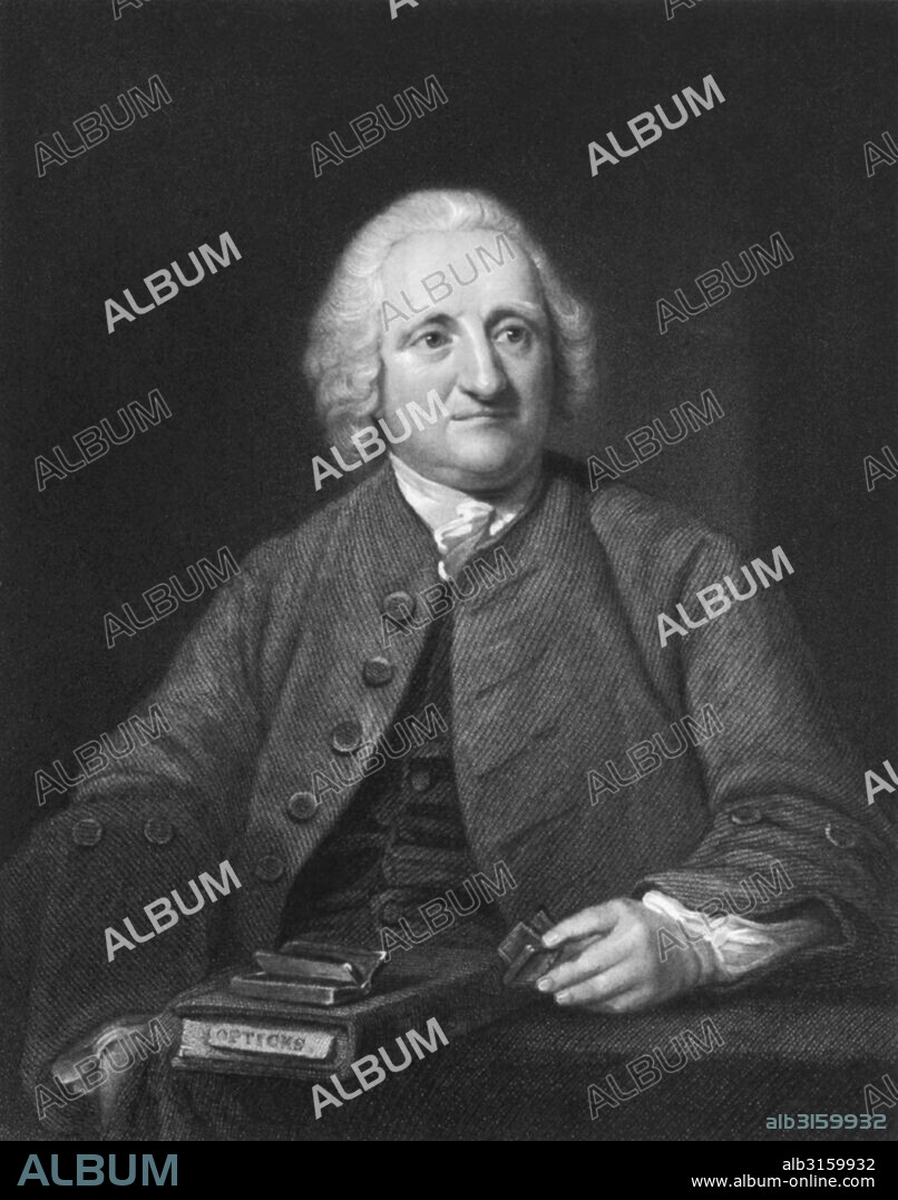 England: c. 1750 An engraving portrait of optician, achromatic lens developer and inventor John Dollond.