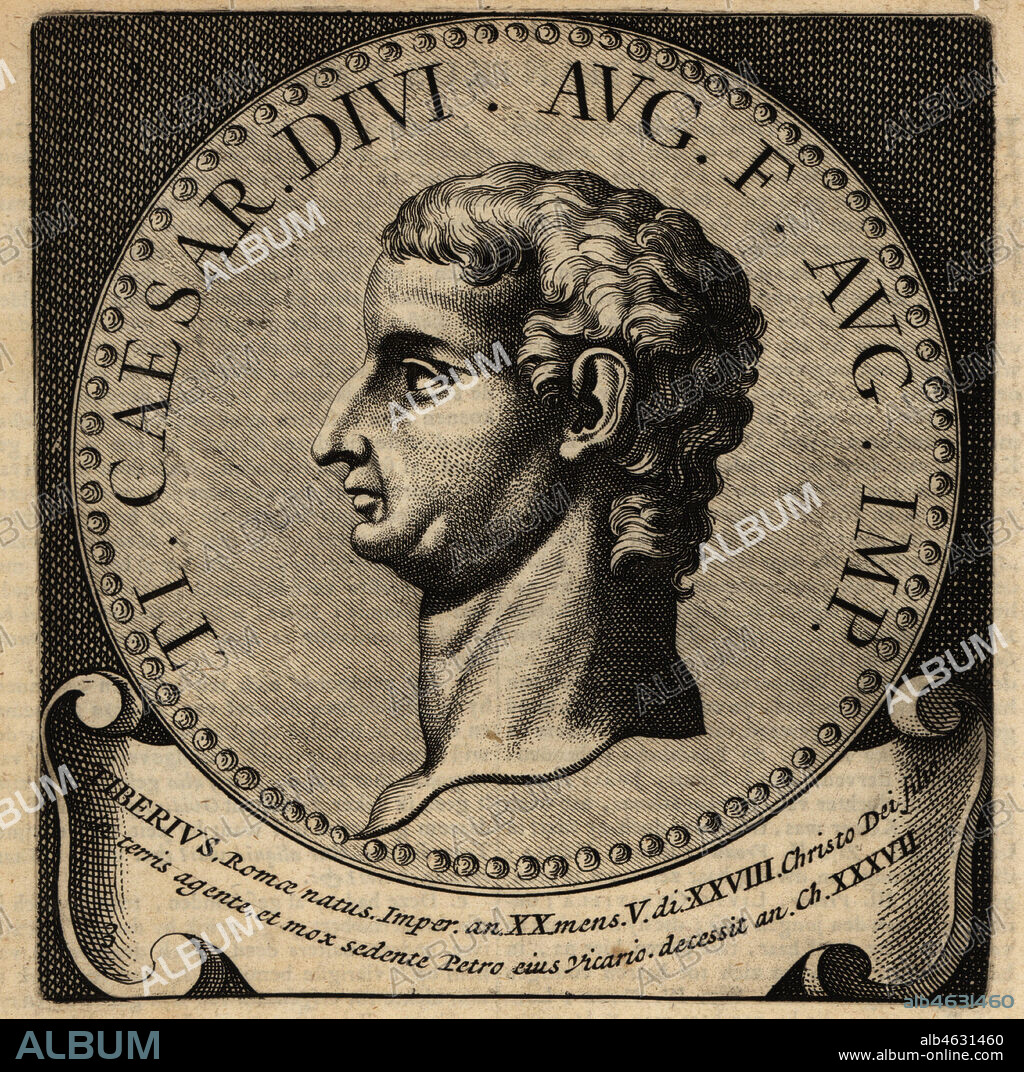 Roman Emperor Tiberius, 42BC-37AD, Tiberius Caesar Divi Augusti filius Augustus. Tiberius Claudius Nero. Copperplate engraving from Abraham Bogaerts De Roomsche Monarchy, The Roman Monarchy, Francois Salma, Utrecht, 1697.