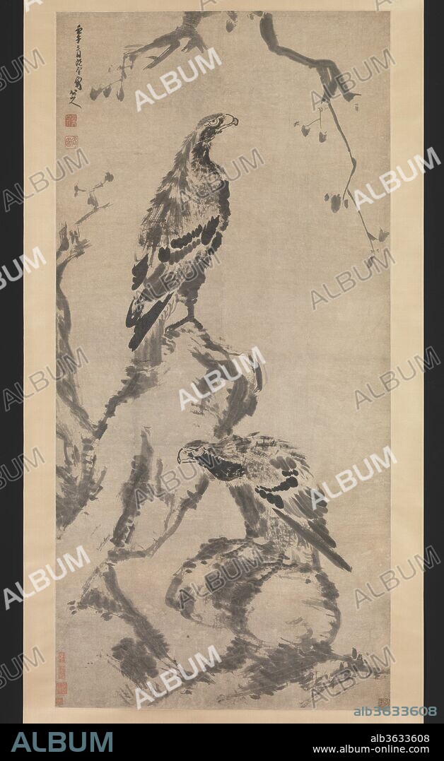 Two eagles. Artist: Bada Shanren (Zhu Da) (Chinese, 1626-1705). Culture: China. Dimensions: Image: 73 3/4 x 35 1/2 in. (187.3 x 90.2 cm)
Overall with mounting: 122 3/4 x 42 1/2 in. (311.8 x 108 cm)
Overall with knobs: 122 3/4 x 46 1/2 in. (311.8 x 118.1 cm). Date: dated 1702.
After decades spent concealing his identity as a descendant of the Ming royal house, Bada Sharen, at the age of seventy-six, seems in this forceful depiction of eagles to be declaring his proud defiance of Manchu Qing rule. There is no immediate precedent for such imagery; instead, the painting harks back to the powerful representations of eagles and hawks created by the early Ming court artist Lin Liang (ca. 1416-1480). Lin's heroic birds are emblems of strength and courage suitable for presentation to military officials. Bada, a fervent Ming loyalist, has personalized this imagery, transforming the conventional symbolism into an expression of brave confrontation and unfaltering loyalty, his noble birds standing sentinel over a landscape now occupied by foreign conquerors.