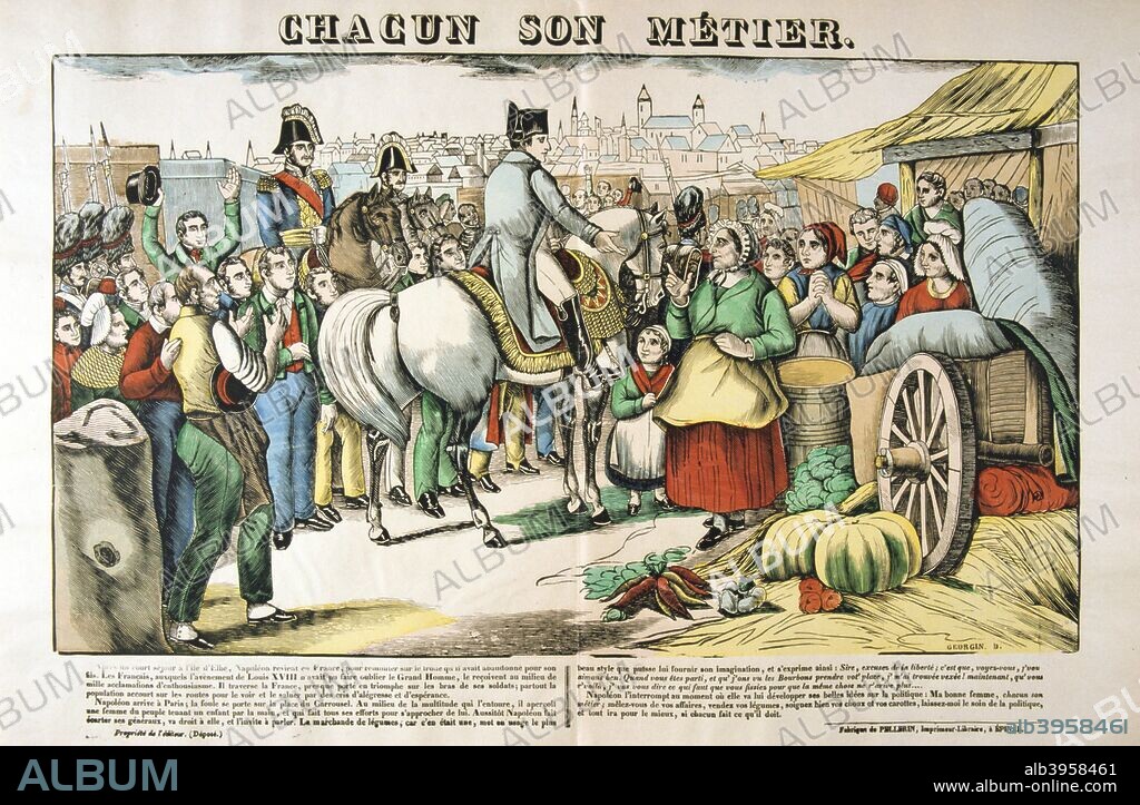 Napoleon's return to Paris from the Island of Elba, 1815, (c1835). Napoleon Bonaparte (1769-1821) was exiled by the Allied governments to Elba following his abdication at Fontainebleau and landed on the island on 4 May 1814. He was allowed a personal escort of some 1,000 men, a household staff and was even given the title Emperor of Elba and rule over its 110,000 people. Bonaparte began his exile with a reform of the governmental system on the island, which is Italy's third biggest and lies just off the coast of Tuscany. Soon, however, the former French emperor's thoughts turned towards Paris - now under the restored rule of the Bourbons - and he began to plan his return. Only nine months later, on 26 February 1815, he escaped with his miniature army and landed in France. Welcomed back, he tells a woman selling vegetables to worry about her job and leaves the cares of politics to him. The 100 Days Campaign had begun.