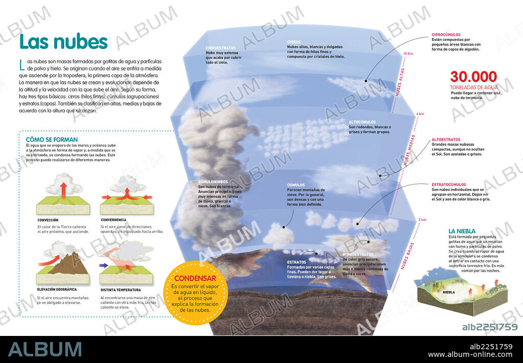 Las nubes. Infografía sobre el proceso de formación de las nubes y su clasificación.