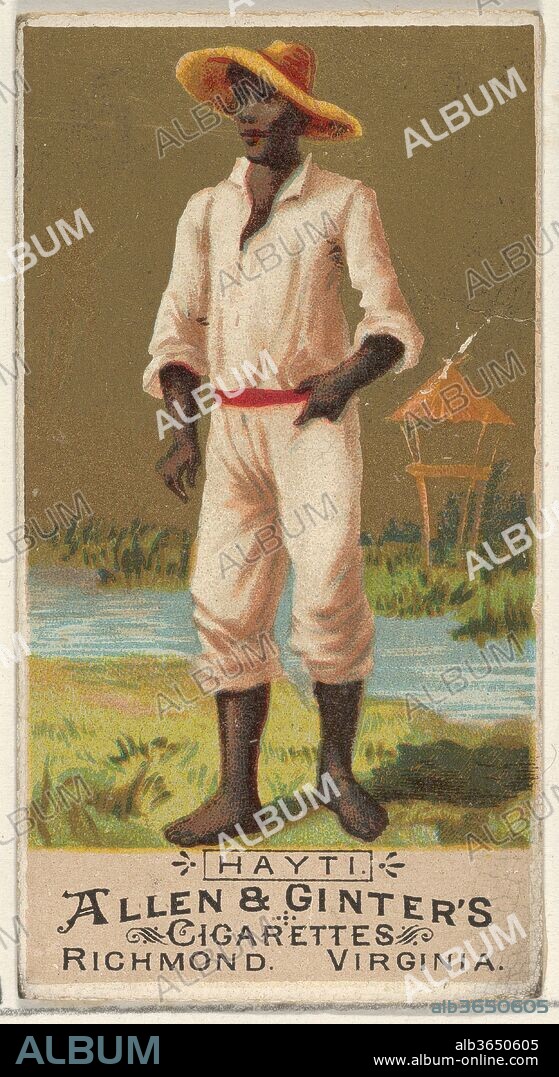 Haiti, from the Natives in Costume series (N16) for Allen & Ginter Cigarettes Brands. Dimensions: Sheet: 2 3/4 x 1 1/2 in. (7 x 3.8 cm). Publisher: Allen & Ginter (American, Richmond, Virginia). Date: 1886.
Trade cards from the "Natives in Costume" series (N16), issued in 1886 in a set of 50 cards to promote Allen & Ginter brand cigarettes.