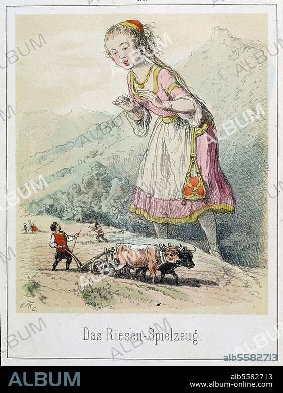 Chamisso, Adelbert von Dichter u. Naturforscher. 1781-1838. Werke: Das Riesenspielzeug. Illustration von Theodor Hosemann. Kreidelithographie, koloriert, 1866. Aus: W.Sehring (Hrsg.), Lust und Scherz. Jugendalbum. Berlin (Winckelmann & Söhne), o. J. (1867). Berlin, Sammlung Archiv für Kunst und Geschichte.