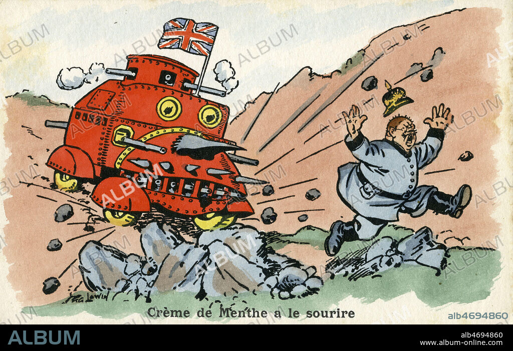 'Creme de menthe a le sourire' : un tank anglais fait fuir un soldat allemand. Illustration anonyme pour une carte postale de la guerre 14-18. Credit : Collection IM/KHARBINE-TAPABOR.