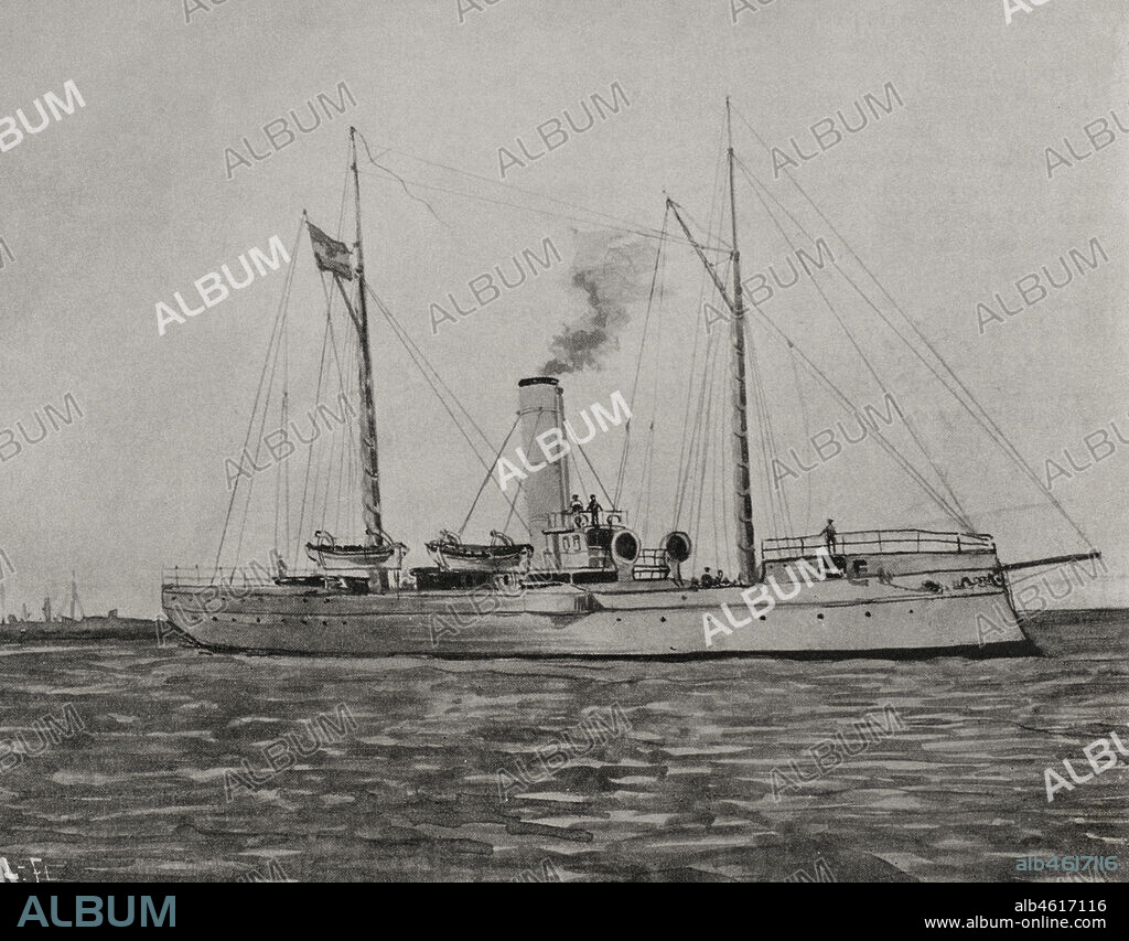 Guerra hispano-estadounidense (1898). Marina de Guerra Española. Cañonero torpedero "Nueva España", perteneciente a la clase Temerario. El 14 de mayo de 1898, en unión del crucero "Conde de Venadito", dispararon contra cinco barcos norteamericanos que boqueaban el puerto de La Habana, los cuales se retiraron rehuyendo el combate. Fotograbado. La Ilustración Española y Americana, 1898.