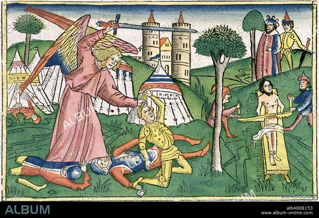 2 Kings 19:35-37: God's vengance on Assyria. The angel killing the soldiers of the Assyrian army besieging Jerusalem. Facsimile copy of a 15th century manuscript of the German School.