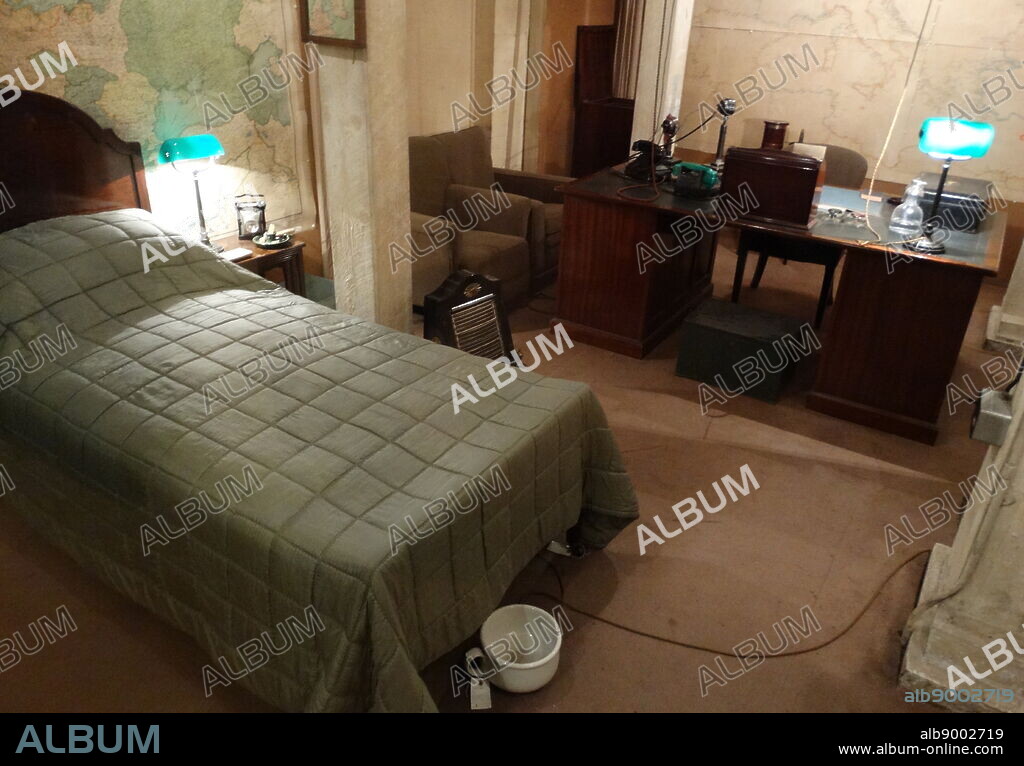 Bedroom used by Winston Churchill, in the Cabinet war rooms bunker, London; England. The War rooms were used by the British Government as protection for senior ministers during World war two.