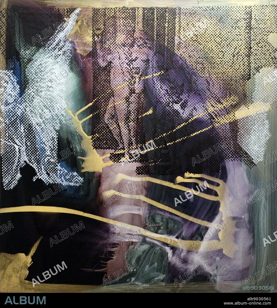 Ohne filet (Quadrat 2) Untitled (Square 2) 2003 by Sigmar Polke 1941-2010. German artist. Gold paint, oil paint and acrylic paint on canvas.