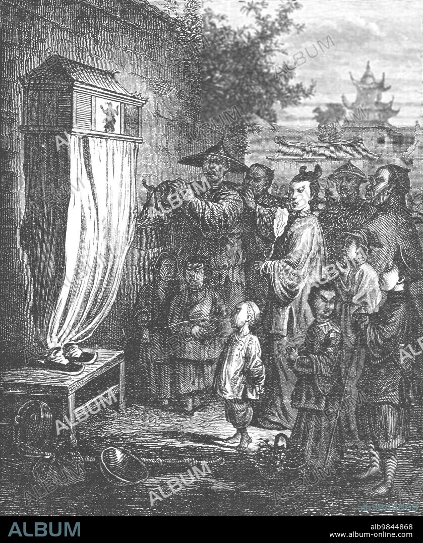 AUGUSTUS FREDERICK LINDLEY. 'The shadow show; A Cruise to Soo-chow', 1875. From, 'Illustrated Travels' by H.W. Bates. [Cassell, Petter, and Galpin, c1880, London].