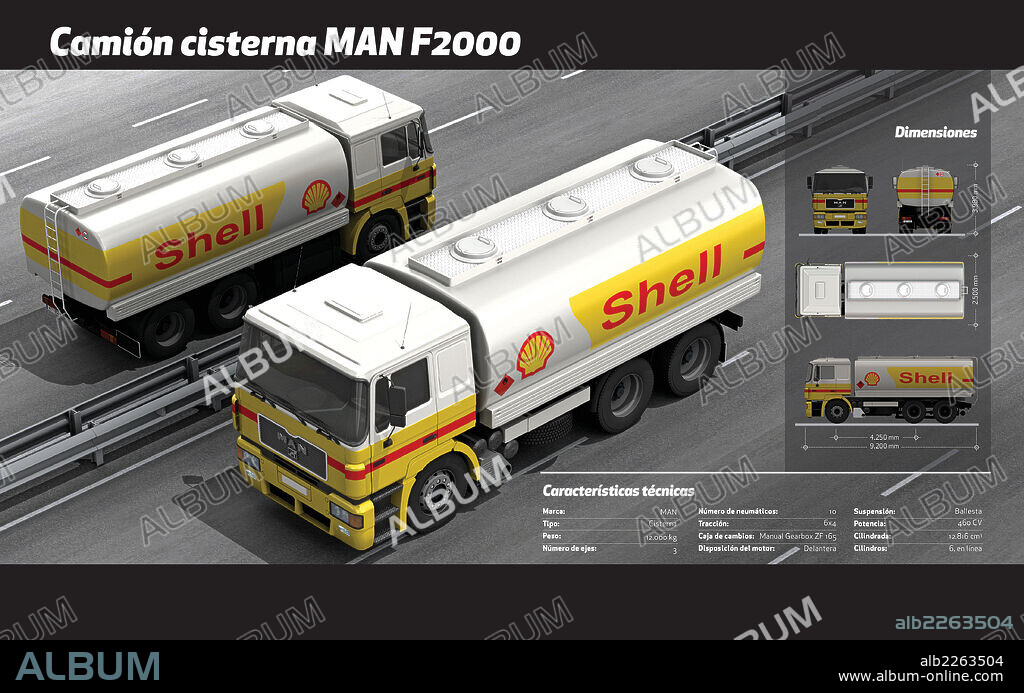 Camión cisterna MAN F2000. Infografía de las características técnicas y dimensiones del camión cisterna, marca MAN, modelo F2000.