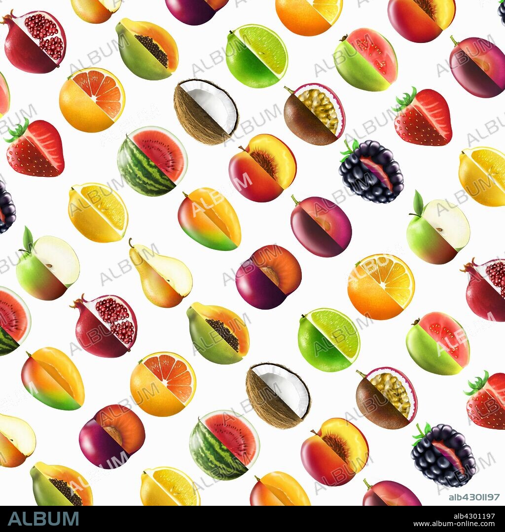 Full frame pattern of lots of bisected fruit showing cross sections.
