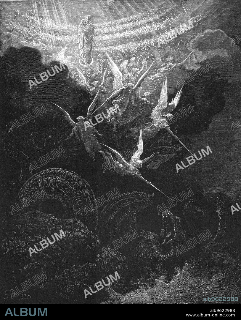 GUSTAVE DORÉ. The Archangel Michael and his angels fighting the dragon, 1865-1866. The Virgin Mary with the infant Jesus in her arms looks down from Heaven. From Gustave Dore's Bible (Revelation 12:1).