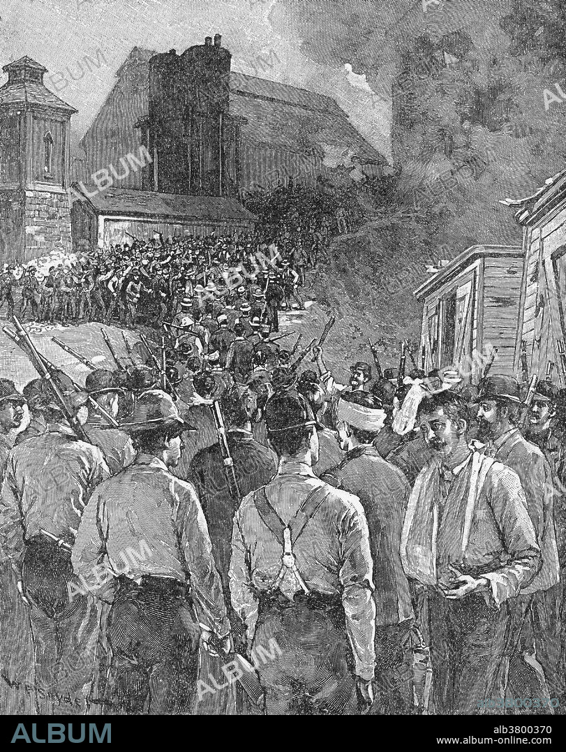 The Homestead Strike was an industrial lockout and strike which began on June 30, 1892, culminating in a battle between strikers and private security agents on July 6, 1892. The battle was the second largest and one of the most serious disputes in US labor history second only to the Battle of Blair Mountain. The dispute occurred at the Homestead Steel Works in the Pittsburgh area town of Homestead, Pennsylvania, between the Amalgamated Association of Iron and Steel Workers (the AA) and the Carnegie Steel Company. The final result was a major defeat for the union and a setback for efforts to unionize steelworkers. Illustration originally captioned: Furious workers assault the captured Pinkertons as union men, armed with rifles, try to escort them unharmed from the scows.