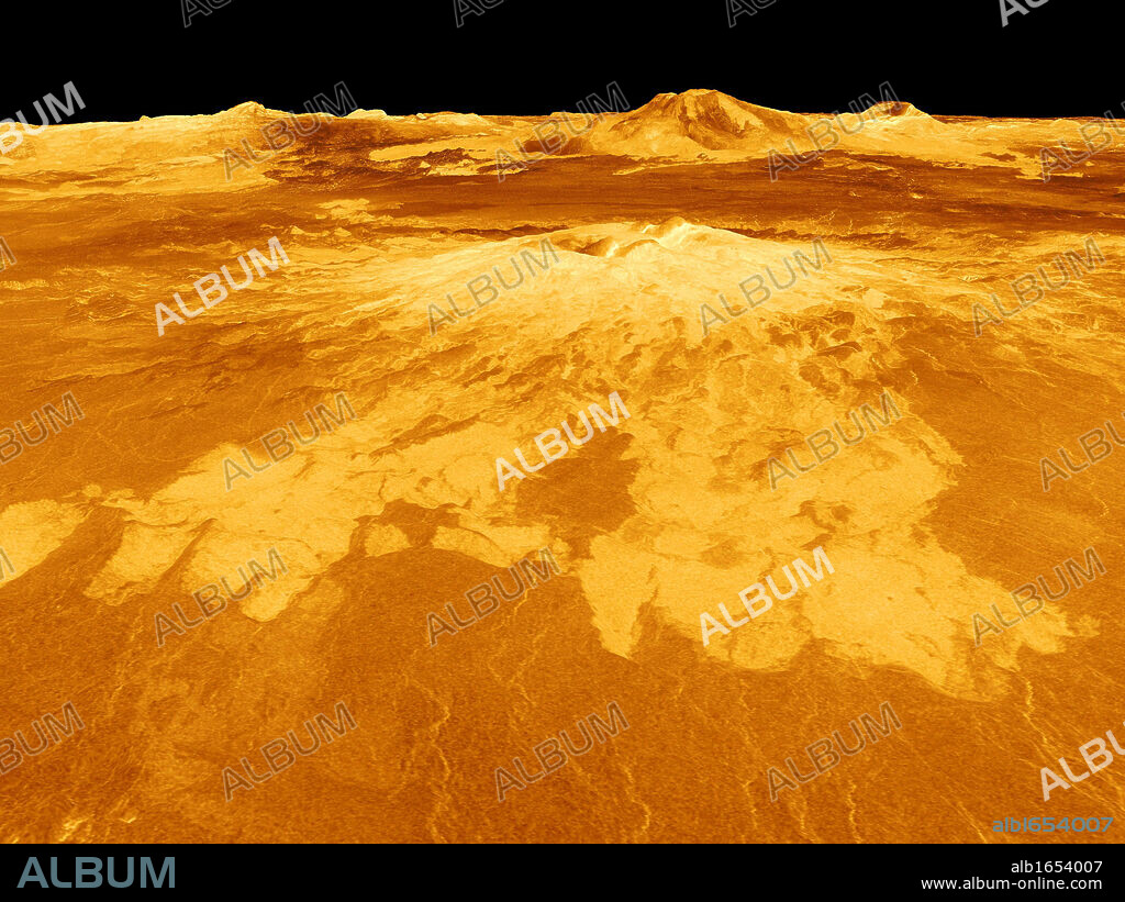 Computer-generated view of surface of the planet Venus dominated by the volcano Sapas Mons. Lava flows extend for hundreds of kilometres across the fractured plains shown in the foreground. Credit NASA. Science Astronomy.