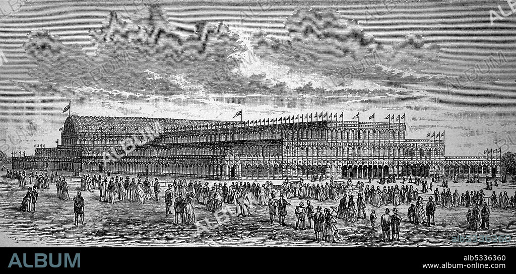 Crystal Palace of the first World's Fair in London, England, in 1851  /  Kristallpalast der ersten Weltausstellung zu London, England, im Jahre 1851, Historisch, historical, digital improved reproduction of an original from the 19th century / digitale Reproduktion einer Originalvorlage aus dem 19. Jahrhundert,.