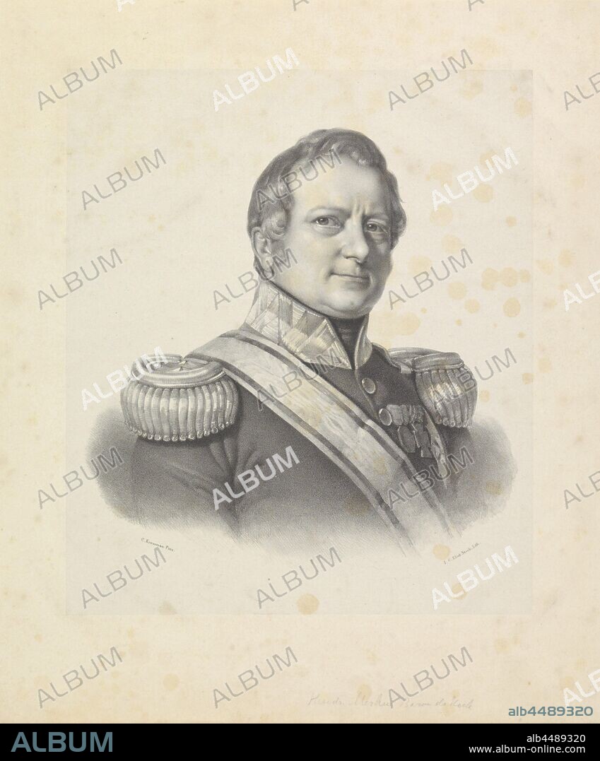 Portrait of Hendrik Merkus de Kock, The person portrayed is wearing a military uniform with epaulettes with three stars, a sash and various knight orders. After a painting by Jan Willem Pieneman from 1854, nowadays in the collection of the Royal Tropical Institute Amsterdam, historical persons ((full) bust portrait), knighthood order, Hendrik Merkus baron de Kock, Isaac Cornelis Elink Sterk (mentioned on object), The Hague, after 1854, paper, h 420 mm × w 350 mm.