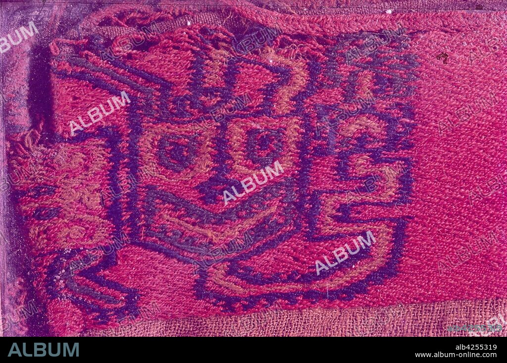Paracas textile, cloth, depicting  anthropomotfic figures. The Paracas culture was an Andean society existing between approximately 800 BCE and 100 BCE. Investigated by Peruvian archaeologist, Julio Tello, in the 1920s.