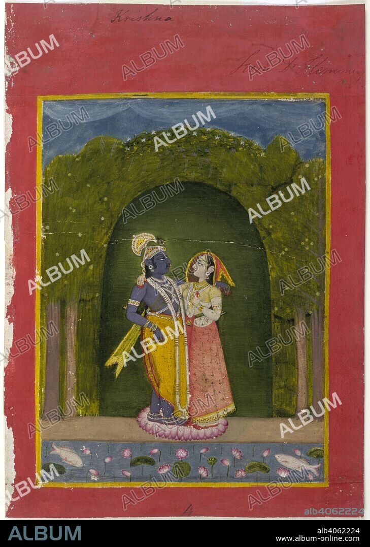 Radha and Krishna. Murshidabad, c.1770. Radha and Krishna. They stand arm in arm on a lotus in a leafy bower. Krishna in a yellow 'dhoti' and crown, Radha in a pink skirt and yellow bodice; fishes and lotus flowers are in the pond in the foreground. Inscribed above: 'Krishna'; in a different hand: 'From Dr Fleming.' Gouache with gold; red border with narrow yellow inner band. 156 by 115 mm; page 208 by 146 mm. Opaque. Watercolour.  Originally published/produced in Murshidabad, c.1770. . Source: Add.Or.1034,.