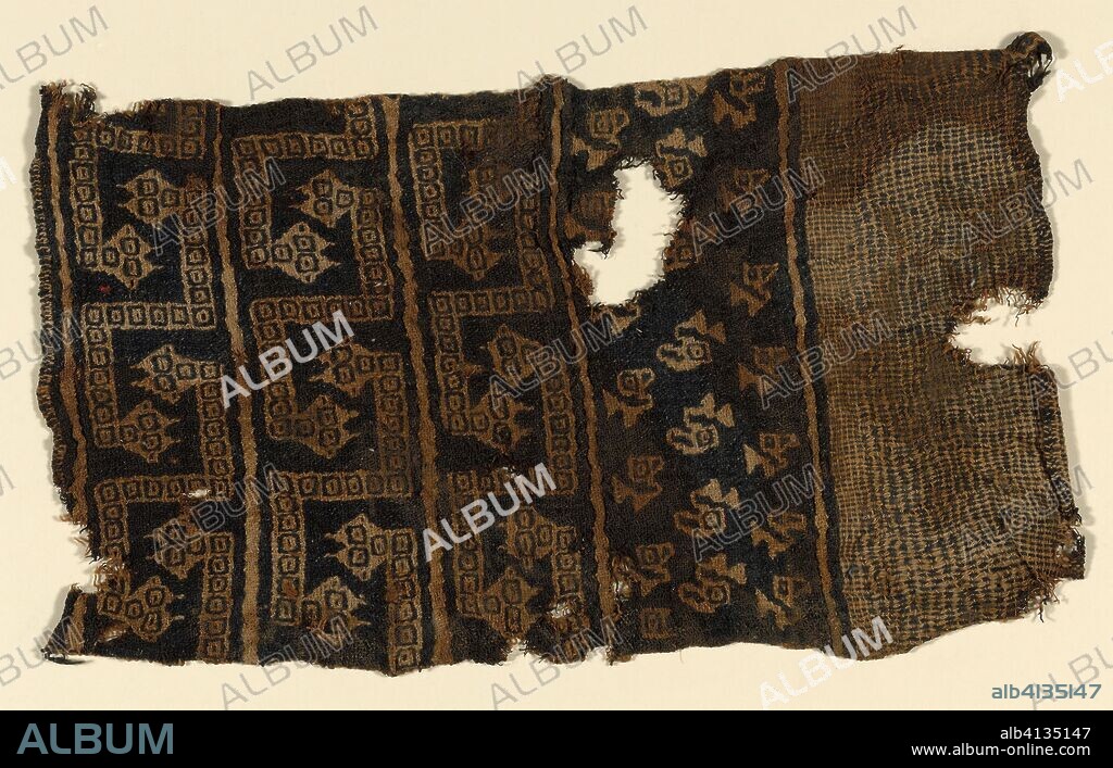 CHANCAY. Fragment. Peru. Date: 900 AD-1470. Dimensions: 35.8 x 20.8 cm (14 x 8 1/8 in.)

weft repeat: 5.8 cm 2 1/4 in. Cotton, plain weave with paired warps; center: cotton, plain weave double cloth; two selvages present. Origin: Peru.
