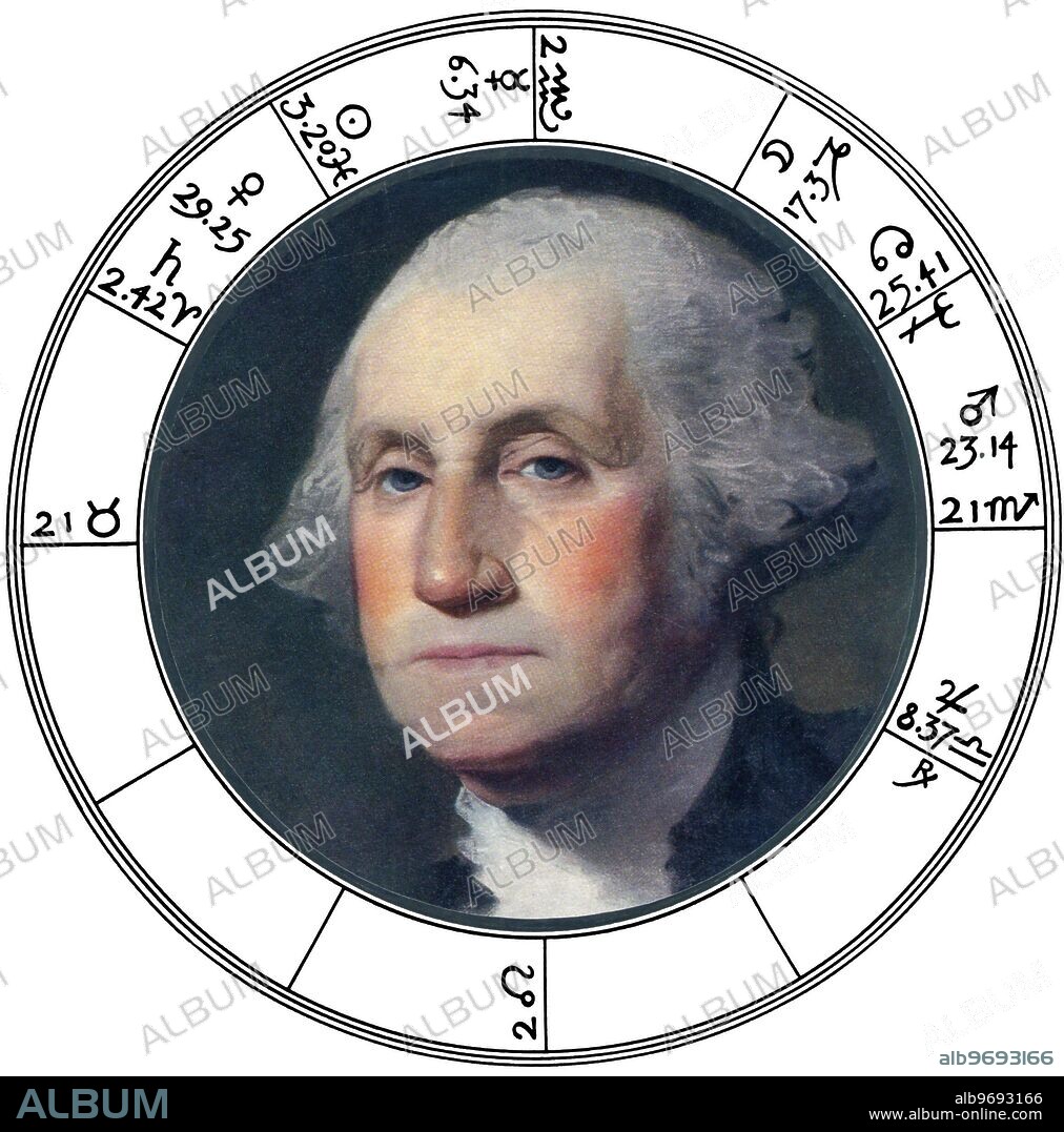 HOROSCOPES - GEORGE WASHINGTON. The horoscope of George Washington, who was born at Pope's Creek (later called Wakefield, Virginia), at about 10:00., on 11 February 1732. The co-ordinates are, 077W02 26N57. It is my contention that he was born at 10:17 am., and this chart has been cast for that time. The portrait of Washington at the centre of the chart is from a print of the painting made by Gilbert Stuart, in 1796. This had been commissioned by Martha Washington, but Stuart did not finish it, and delivered to her only an inferior copy. The portrait has the distinction of being the basis for that used in the engraving on the modern dollar bill. The swollen mouth, so evident in the portrait, is due to the fact that Washington had recently had fitted a new set of wooden false teeth. The sigillization adopted for this chart is that used for the reconstructed charting of the moment of the laying of the foundations stones for the Federal City (which bears the name of Washington), and for the laying of the foundation stone of the White House in that city. I adopted the sigillization here, to point to the remarkable fact that Washington's birth chart is related to the latter - to the building that was called initially, the President's House - by a single degree. The Mercury of the White House chart is in 7.54 Libra, and is thus in the same degree as Washington's Jupiter. Both charts may be examined in David Ovason, The Secret Architecture of Our Nation's Capital. The Masons and the Building of Washington, D.C. 2000, p.65.