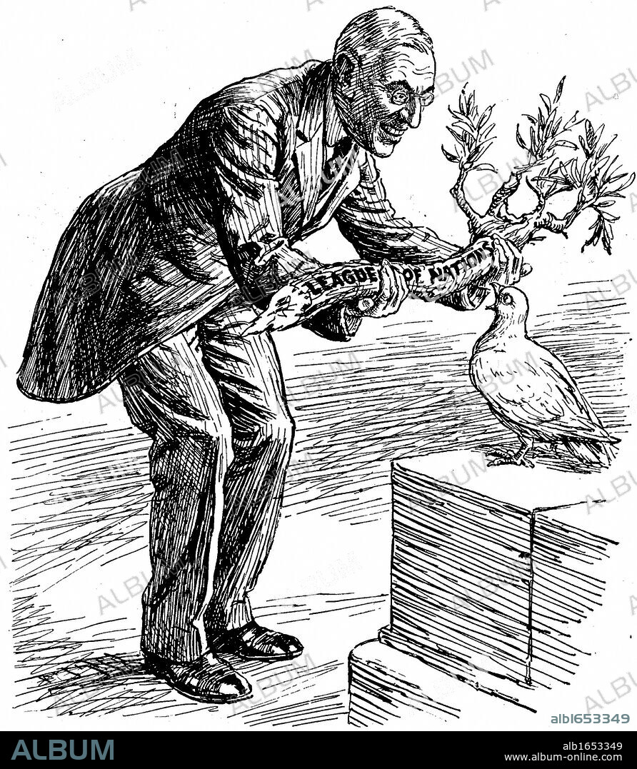 US President Wilson giving the Dove of Peace an olive branch labelled 'League of Nations'. The Dove says 'Of course I want to please everybody: but isn't this a bit thick?' Cartoon from 'Punch', London, 26 March 1919.