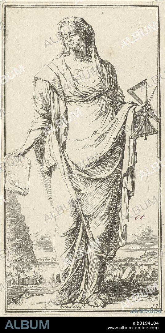Personification of architecture, print maker: Arnold Houbraken, Leonard Schenk, 1710 - 1719.