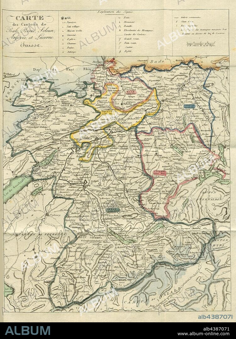 Map of the Cantons de Bale, Bern, Solothurn, Aargau, and Lucerne. Swiss, Map of the Canton of Bern, Jura, Solothurn, Basel-City, Basel-Landschaft, Aargau, Lucerne, Fig. 1, according to p. 24, Snoeck, Charles Alexander (dess.), 1824, Charles Alexander Snoeck: Promenade aux Alpes. [Nicht ermittelbar]: [nicht ermittelbar], 1824.