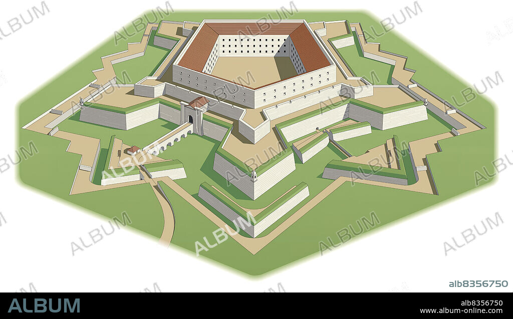 Star-shaped military fortification developed by Sebastien de Vauban in the 17th century.