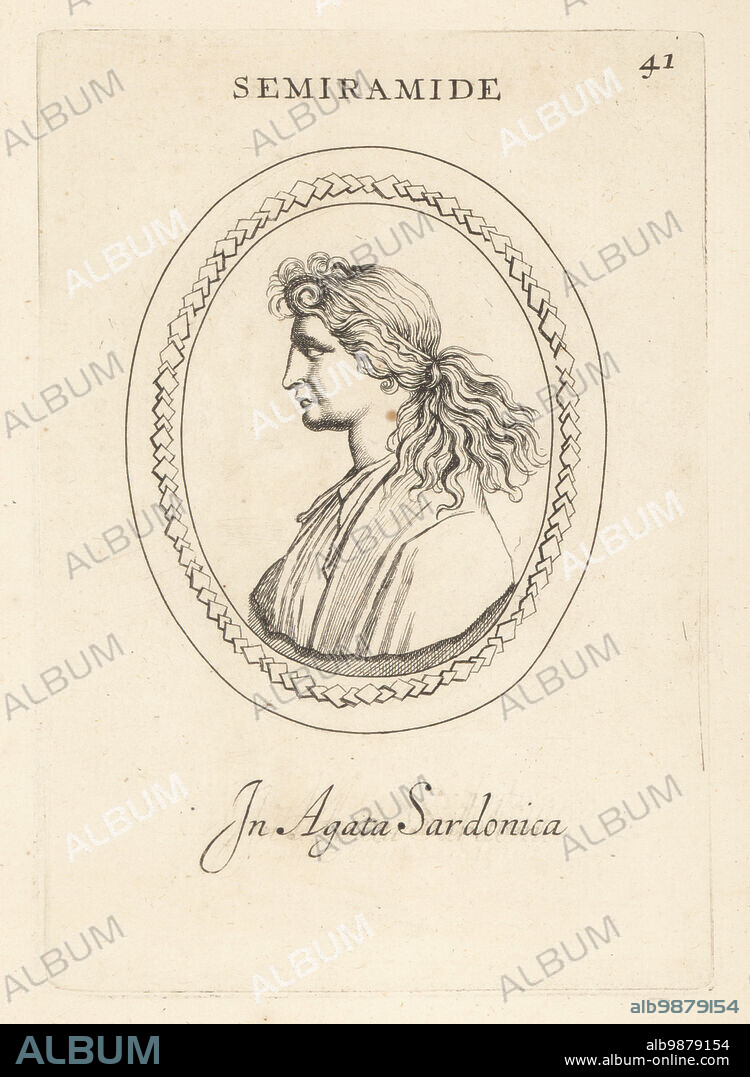 Bust profile of Semiramis, the semi-legendary Lydian-Babylonian wife of general Onnes and Ninus, founder of Nineveh, later warrior queen of Assyria. Shammuramat. With wild uncombed hair and a manly face. In Sardinian agate. Semiramide in agata Sardonica. Copperplate engraving by Giovanni Battista Galestruzzi after Leonardo Agostini from Gemmae et Sculpturae Antiquae Depicti ab Leonardo Augustino Senesi, Abraham Blooteling, Amsterdam, 1685.