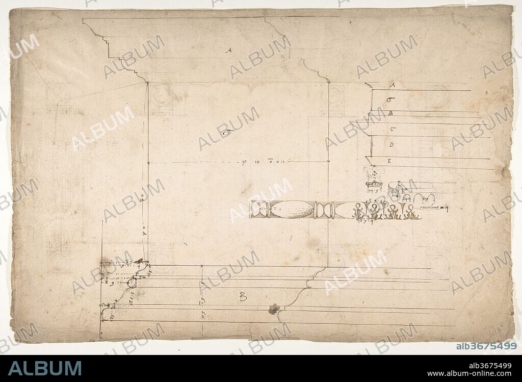 Forum of Nerva, colonnade, profiles of attic and entablature, architrave and column detail (recto) Arch of Constantine, plan (verso). Dimensions: sheet: 11 5/8 x 17 5/16 in. (29.5 x 44 cm). Draftsman: Drawn by Anonymous, French, 16th century. Series/Portfolio: Goldschmidt Scrapbook. Date: early to mid-16th century.