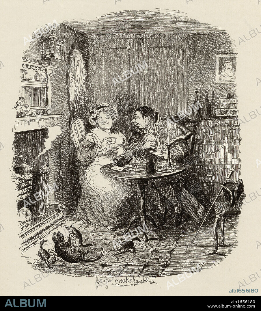 Mr.Bumble and Mrs.Corney taking tea. From the book "The Adventures of Oliver Twist" by Charles Dickens, with illustrations by G.Cruikshank. Published by Chapman and Hall, London 1901.