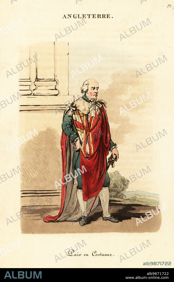 British peer of the realm in ceremonial dress, 1800s. A member of the House of Lords in costume for a coronation, opening of Parliament, etc. Pair de la Grande-Bretagne en Costume. Handcoloured copperplate engraving after an illustration by William Alexander from J-B. Eyries L'Angleterre ou Costumes, Moeurs et Usages des Anglais, England: Costumes, Manners and Mores of the English, Librairie de Gide Fils, Paris, 1821. Jean-Baptiste Eyries (1767-1846) was a French geographer, author and translator.
