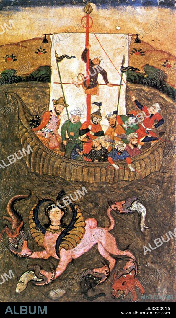16th century Mughal miniature painting. Sailors watch in fear as a sea monster swims beneath their boat. Sea monsters are sea-dwelling mythical or legendary creatures, often believed to be of immense size. Marine monsters can take many forms, including sea dragons, sea serpents, or multi-armed beasts. They can be slimy or scaly and are often pictured threatening ships or spouting jets of water.