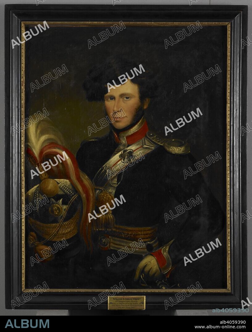 ANON. Three-quarter length portrait of Major Edward Vibart (1807-57) in the uniform of the Bengal Light Cavalry, c.1833. He stands with his left hand on the hilt of his sword and is holding his plumed helmet with his right. Born on 15 November 1807, Vibart served with the Bengal Light Cavalry from 27 July 1824 until his death on 28 Jun 1857. Cadet 1823; Cornet 1 May 1824; Lieutenant 13 May 1825; Captain 16 February 1849; Brevet Major 11 November 1851. He went on furlough February 1829-August 1831 and January 1833-February 1834. During the latter furlough he married Emily Coles on 4 June 1833. He served during the First Afghan War 1839-40 and went on leave in India from September 1840 to May 1841. He then took part In the battle of Paniar during the Gwalior campaign. He was on leave again from June 1846-49. In 1857 he was wounded when the regiment which he was commanding, the 2nd Bengal Light Cavalry, mutinied at Cawnpore on 4 June 1857. He died at Sheorajpur on 28 June. His wife was killed during the Cawnpore massacre of July 1857. The portrait was probably painted in England. c.1833. Oil painting. 36 by 28 ins (91.5 by 71 cms). Source: Foster 830.