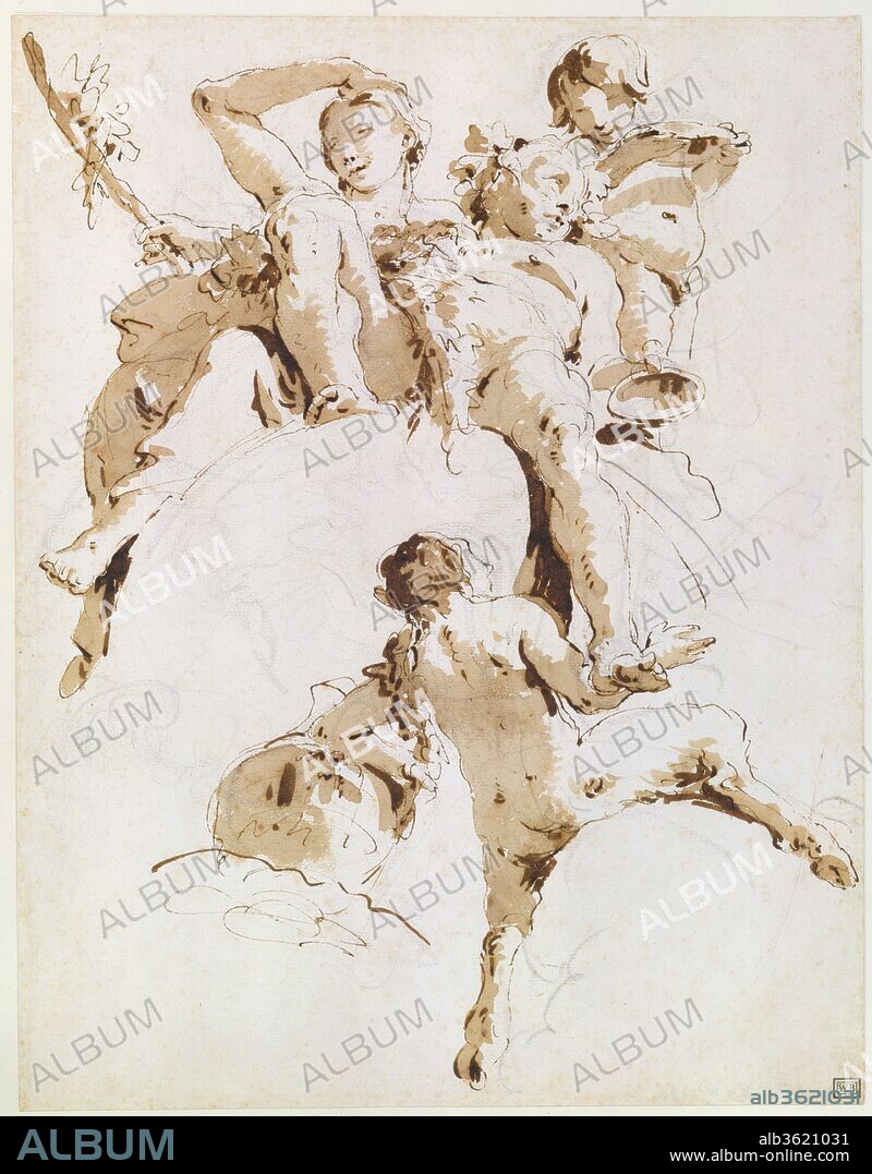 Bacchus and Ariadne. Artist: Giovanni Battista Tiepolo (Italian, Venice 1696-1770 Madrid). Dimensions: 12 5/16 x 9 9/16 in.  (31.2 x 24.3 cm). Date: ca. 1740.
Giambattista Tiepolo was arguably the greatest painter of eighteenth-century Europe, celebrated for his grand decorative cycles in Venetian churches, and in the villas and palaces of Italy, Germany, and Spain. Tiepolo was equally prized as a draftsman, his powers of invention brilliant and prolific. "Bacchus and Ariadne" is one of Giambattista's most famous pen and wash drawings. It represents Bacchus with Ariadne and two members of his retinue, a putto and a satyr. As Ovid's mythology relates, Theseus abandons Ariadne on the island of Naxos, whereupon Bacchus rescues and marries her. Bacchus and Ariadne are seated on an unidentified object, perhaps a wine bottle. Although the sheet cannot be linked specifically to a painting by the artist, its low viewpoint suggests a ceiling fresco, and its subject recalls Tiepolo's ceiling decorations in the Palazzo Labia, Venice, and in the Palazzo Clerici, Milan, both dating from the first half of the 1740s.