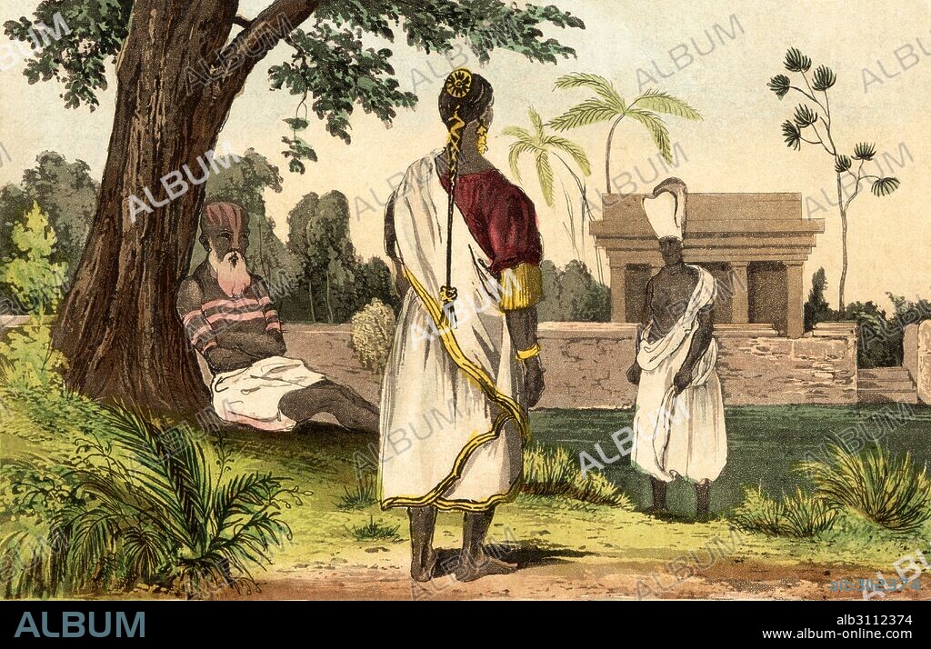 Etnografía. India. Faquir, bramante y sacerdote hindúes. Grabado coloreado de 1880.