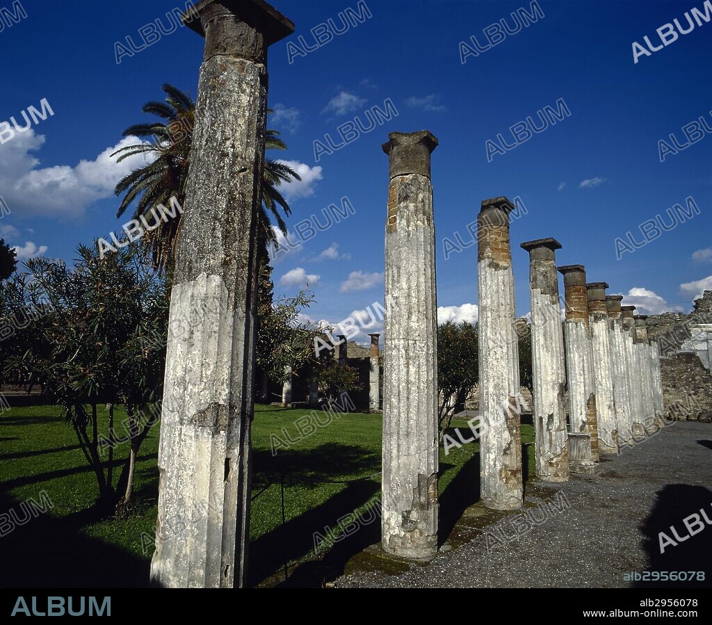 CASA DEL FAUNO. "Domus" pompeyana cuya estructura actual se remonta al siglo II a. C. Vista general del segundo PERISTILO, patio cuadrado con columnata dórica levantada alrededor del jardín de la casa. POMPEYA. La Campania. ITALIA.
