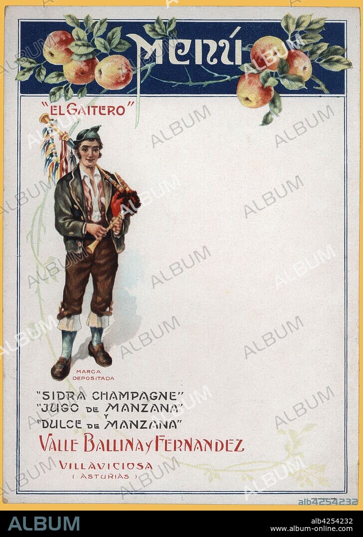 Modelo de Menú para restaurantes con publicidad de Sidra champagne El Gaitero. Años 1910.